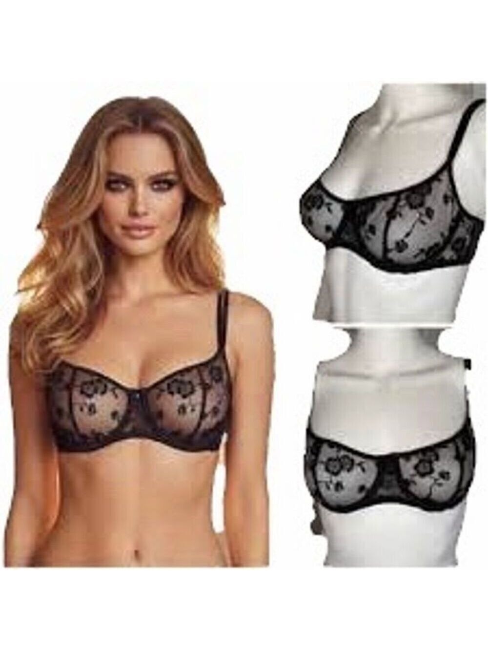 Victoria's Secret Women's 34B Black Lace Balconette Bra Floral Sheer